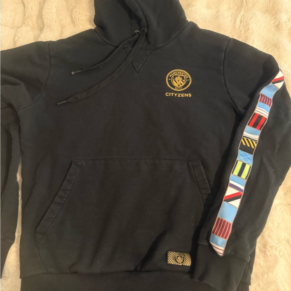 Man City Black Hoodie with Colorful Sleeve Detail